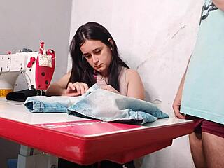 Married seamstress stares at client's massive erection sparking dirty wet foreplay