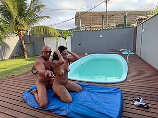 Damn that 18-year-old latina yoga babe leaked fucking two guys poolside