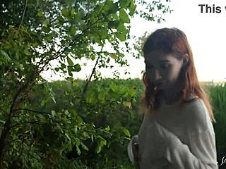 pretty teen redhead mia fingers shaved pussy to wild outdoor orgasm by the lake