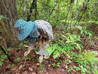 Thai girl chats mushroom hunt in forest then flashes deep woods secretly?