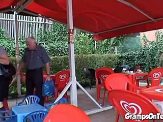 Petite teen gets fucked doggystyle by old grandfather in forest outdoor taboo threesome blowjob cumshot