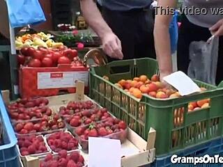 Petite teen gets fucked doggystyle by old grandfather in forest outdoor taboo threesome blowjob cumshot