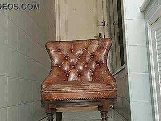 big dick guy hauls armchair to bathroom for intense masturbation