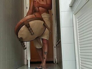 big dick guy hauls armchair to bathroom for intense masturbation