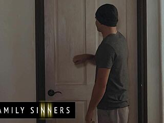 Hot brunette babe strips then rides stepcousin cock bent over bed doggystyle