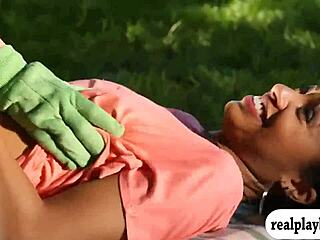 Pretty women kiss and lick in outdoor garden lesbian threesome orgy