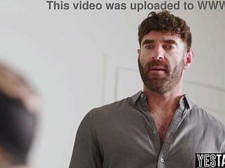 Cheating milf wife smothers hubby and boyfriend with big tits in rough threesome