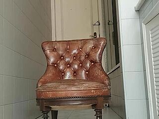 big dick guy hauls armchair to bathroom for intense masturbation
