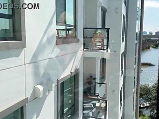 hot milf sneaks pussy play on balcony flashing big tits outdoors 😜🌆💦