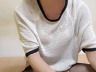 Shemale Ting Xuan Rides Dildo in Fishnet Stockings