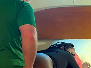 Yo, this ebony slut sucks and fucks doggystyle in homemade bedroom hood action!