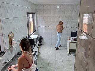 maid strips for boss takes facial cumshot after kitchen doggystyle fuck