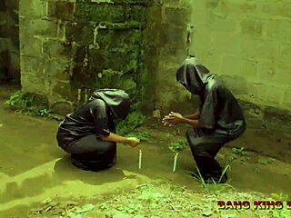 mature ebony babe rides big black cock hard in bush creampie after wet massage fun