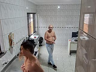 maid strips for boss takes facial cumshot after kitchen doggystyle fuck