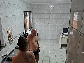 maid strips for boss takes facial cumshot after kitchen doggystyle fuck