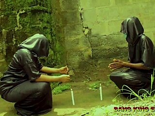 mature ebony babe rides big black cock hard in bush creampie after wet massage fun