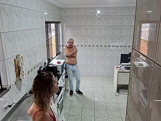 maid strips for boss takes facial cumshot after kitchen doggystyle fuck