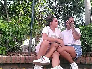 Girls, you won't believe these horny Colombian lesbians masturbating their wet pussies in public park!