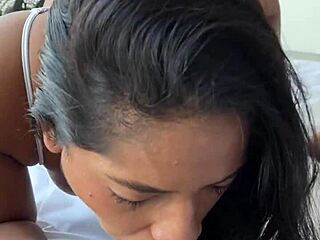 Ebony babe delivers sloppy deepthroat blowjob and ball lick to bbc before wild fucking