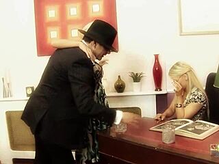 sexy blonde boss sucks cock with friend then rides both hard