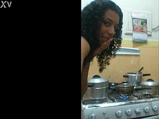 Married Latina Slut Kneels Sucking in Kitchen Close-Up