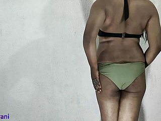 Indian shemale crossdresses in olive bikini for part two