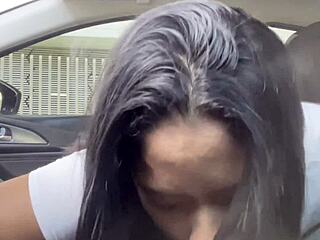 that's how we pay the uber driver with my deepthroat blowjob and face fucking while he licks my curvy black tits in the car -amateur couple- nysdel