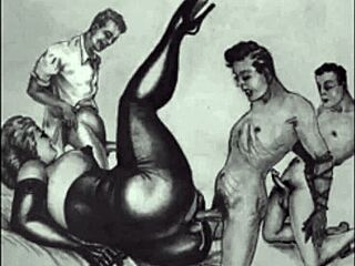 Vintage hairy beavers spread wide in antique erotic beaver feast