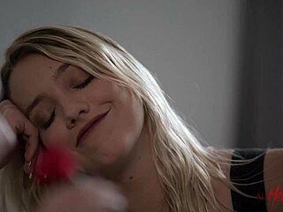 petite blonde with natural small tits teases wet pussy close-up before lesbian scissoring and fingering