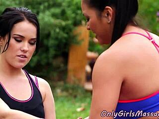 Busty tattooed masseuse grinds her shaved pussy on babe's face in outdoor 69 foreplay close-up queening session