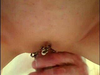 Trashy tattoo milf slut cum creampie drips from ripped clothes pussy