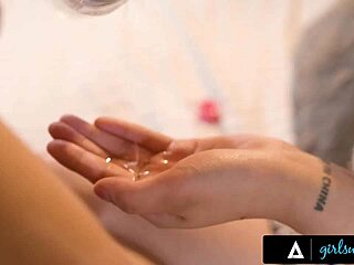 hime marie massages petite lulu chu's oiled tits pussy and ass into lesbian fingering frenzy