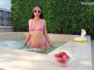 Morning bikini chill with me... early poolside flashes and juicy berries in the sun 😊