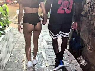 Carnival cop grabs black stud's huge cock for outdoor cum explosion