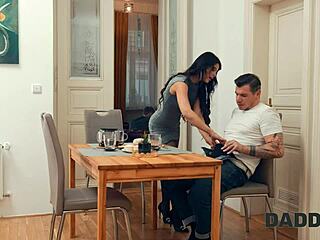 Think my hot Czech girlfriend's shaved pussy looks better stuffed while I watch TV?