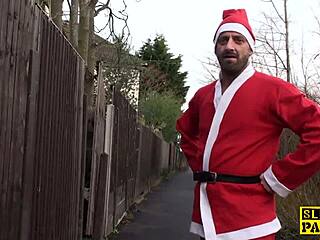 British plumper rides dildo hard squirting all over Santa's lap