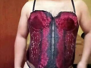 shirley sways hips in tight red-black corset hiding her secret curves