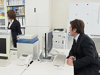 Japanese secretary's saggy big natural tits bounce in pantyhose as co-worker fucks her bent over office desk uncensored