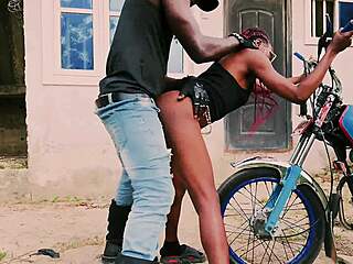 petite biker babe bends over bike. her man pounds her in public garage