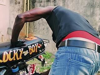 petite biker babe bends over bike. her man pounds her in public garage