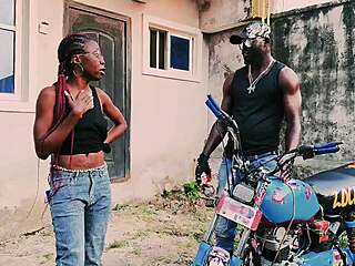 petite biker babe bends over bike. her man pounds her in public garage