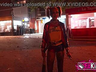 stunning harley quinn cosplay blonde gives street blowjobs and bends over doggystyle for strangers