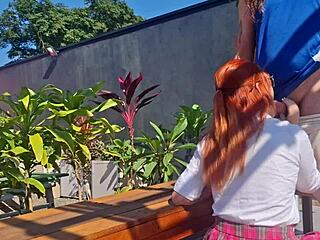 Fucking innocent redhead teen in garden she spreads in miniskirt!