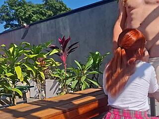 Fucking innocent redhead teen in garden she spreads in miniskirt!
