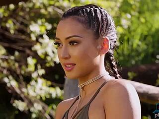 petite mixed-race asian alexandra young strips in lingerie teasing her natural small tits solo
