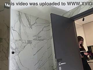 hey check out this tall horny brunette secretary in glasses posing sexy in bathroom 📸😘