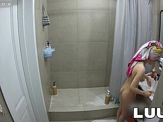 hey wanna peep this brunette's steamy homemade shower flash routine?