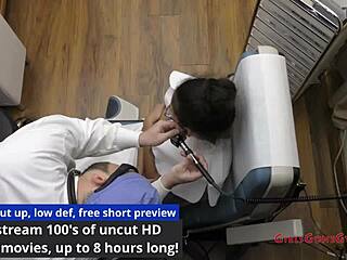 Angel Santana's latex nurse checkup gapes shaved pussy for patient