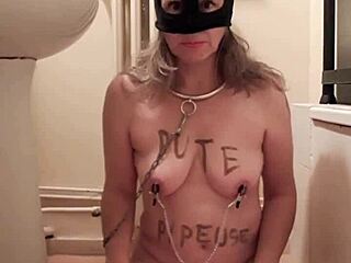 i'm your humiliated french maid slave, chaining myself for dildo masturbation bondage orgasm in stockings