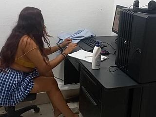 18-Year-Old Student Studies Computer Class In Scantily Clad Hot Outfit